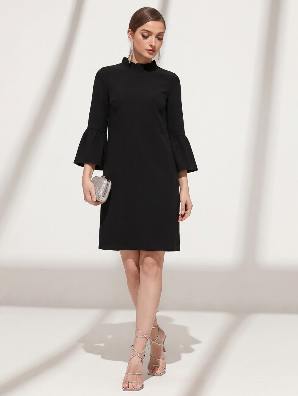 J.Crew Womens Black Ruffle Neck Bell Sleeve Classic Preppy Mini Dress